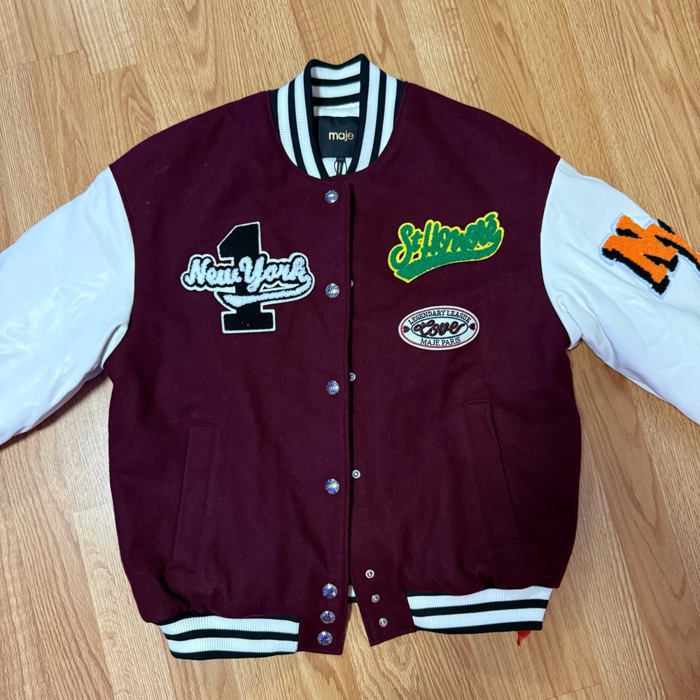 Maje Paris Varsity Jacket Leather Wool Bomber Burgundy Sz 0 XS